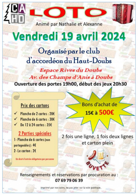19 avril - Loto du club d'accordéon - Doubs
