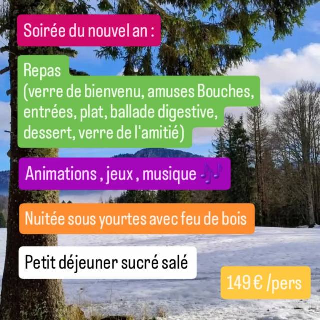 Peut être une image de texte qui dit ’Soirée du nouvel an_ Repas verre de bienvenu, amuses Bouches, entrées plat, ballade digestive, dessert, dessert,veredel'amitié) verre de l'amitié) Animations jeux musique Nuité